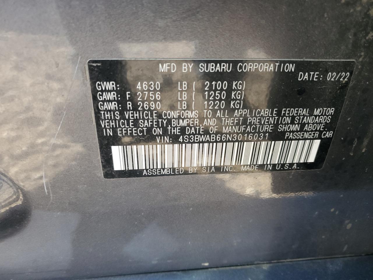 2022 SUBARU LEGACY VIN:4S3BWAB66N3016031