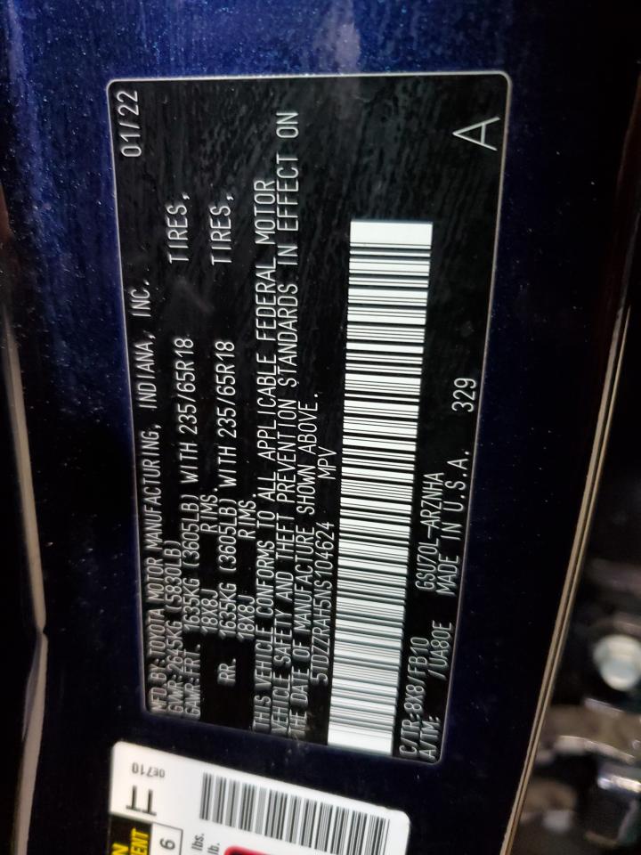 2022 TOYOTA HIGHLANDER L VIN:5TDZZRAH5NS104624