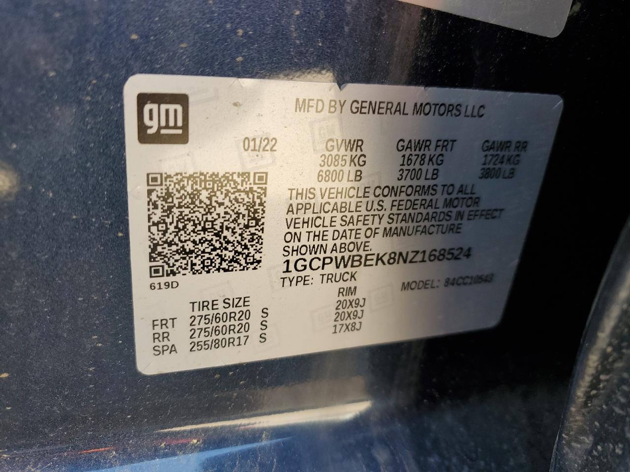 2022 CHEVROLET SILVERADO LTD C1500 CUSTOM VIN:1GCPWBEK8NZ168524