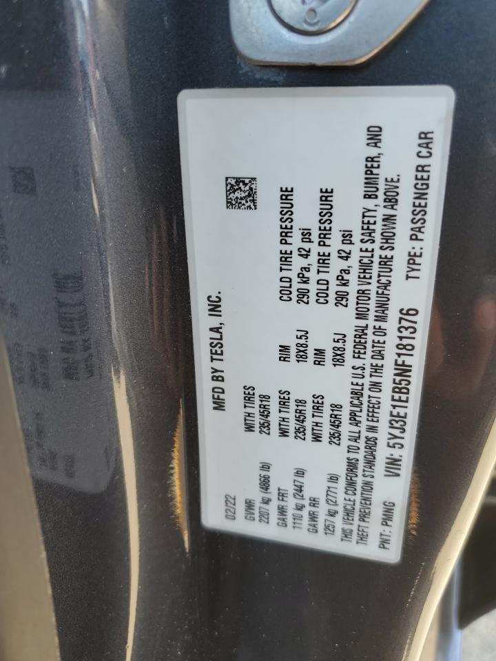 2022 TESLA MODEL 3 VIN:5YJ3E1EB5NF181376