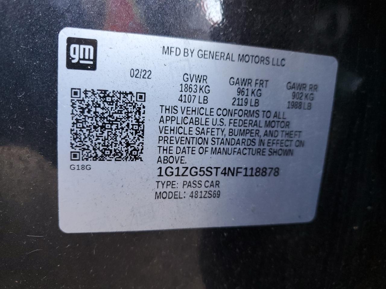 2022 CHEVROLET MALIBU RS VIN:1G1ZG5ST4NF118878