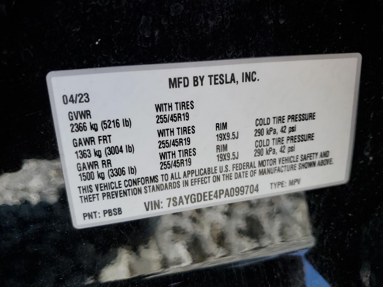 2023 TESLA MODEL Y VIN:7SAYGDEE4PA099704
