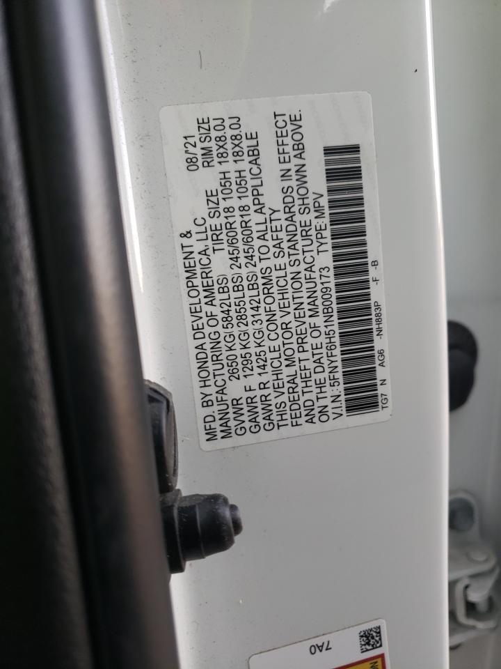 2022 HONDA PILOT EXL VIN:5FNYF6H51NB009173