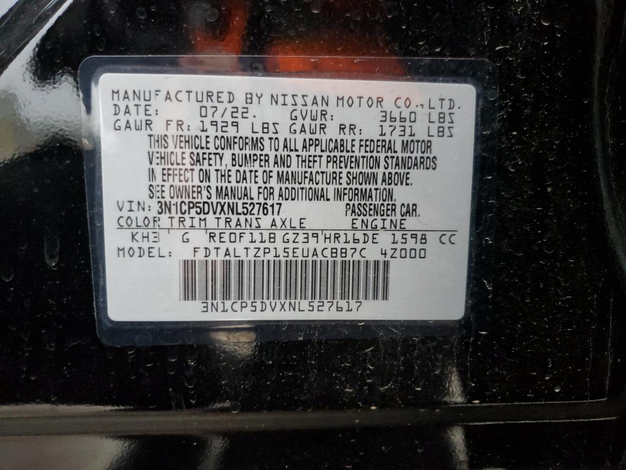 2022 NISSAN KICKS SR VIN:3N1CP5DVXNL527617