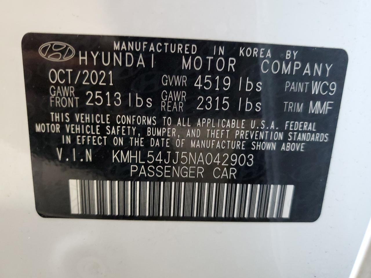 2022 HYUNDAI SONATA HYBRID VIN:KMHL54JJ5NA042903