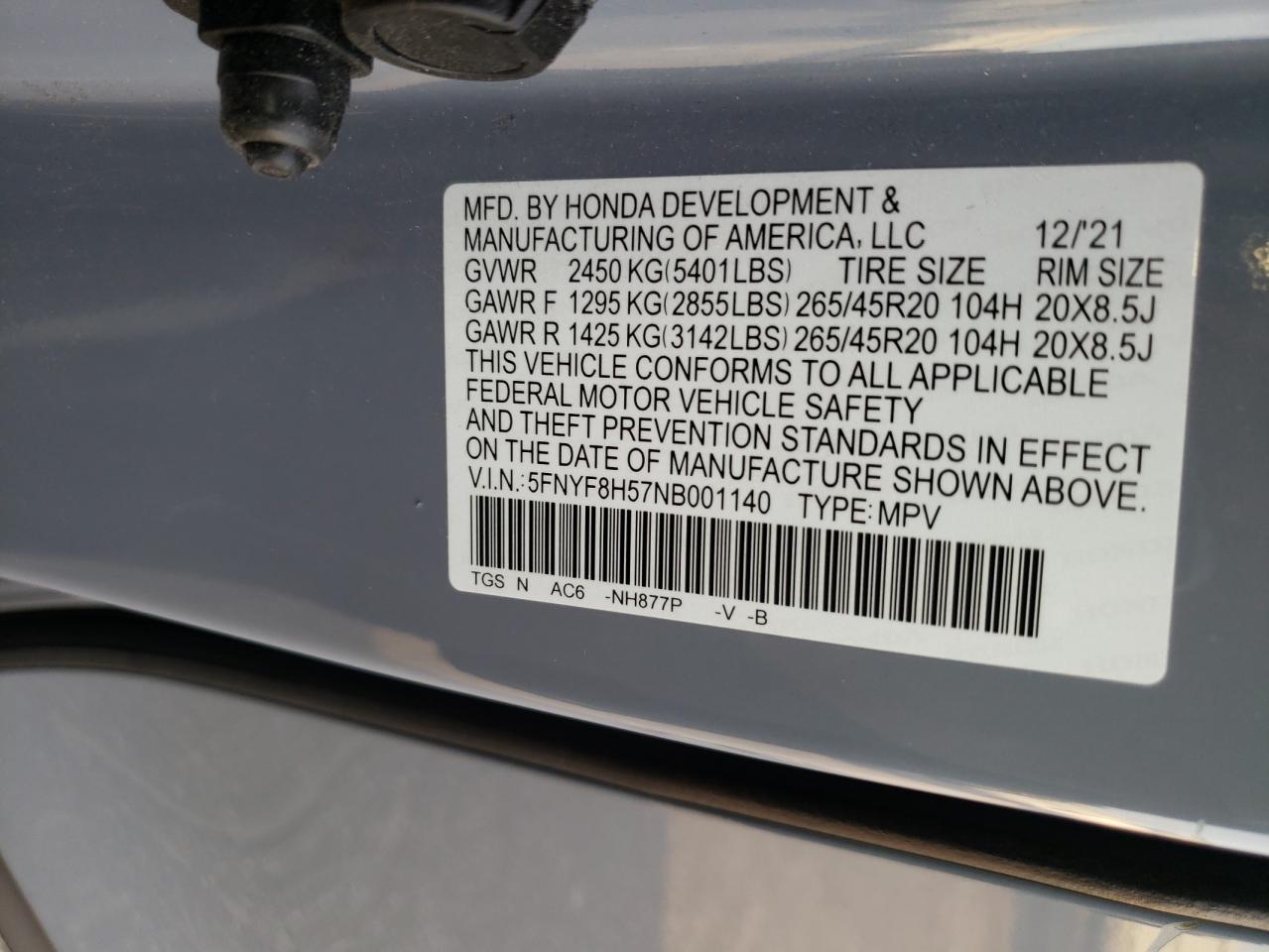 2022 HONDA PASSPORT EXL VIN:5FNYF8H57NB001140