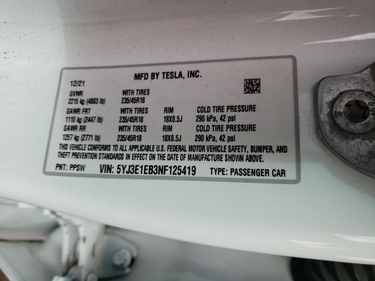 2022 TESLA MODEL 3 VIN:5YJ3E1EB3NF125419