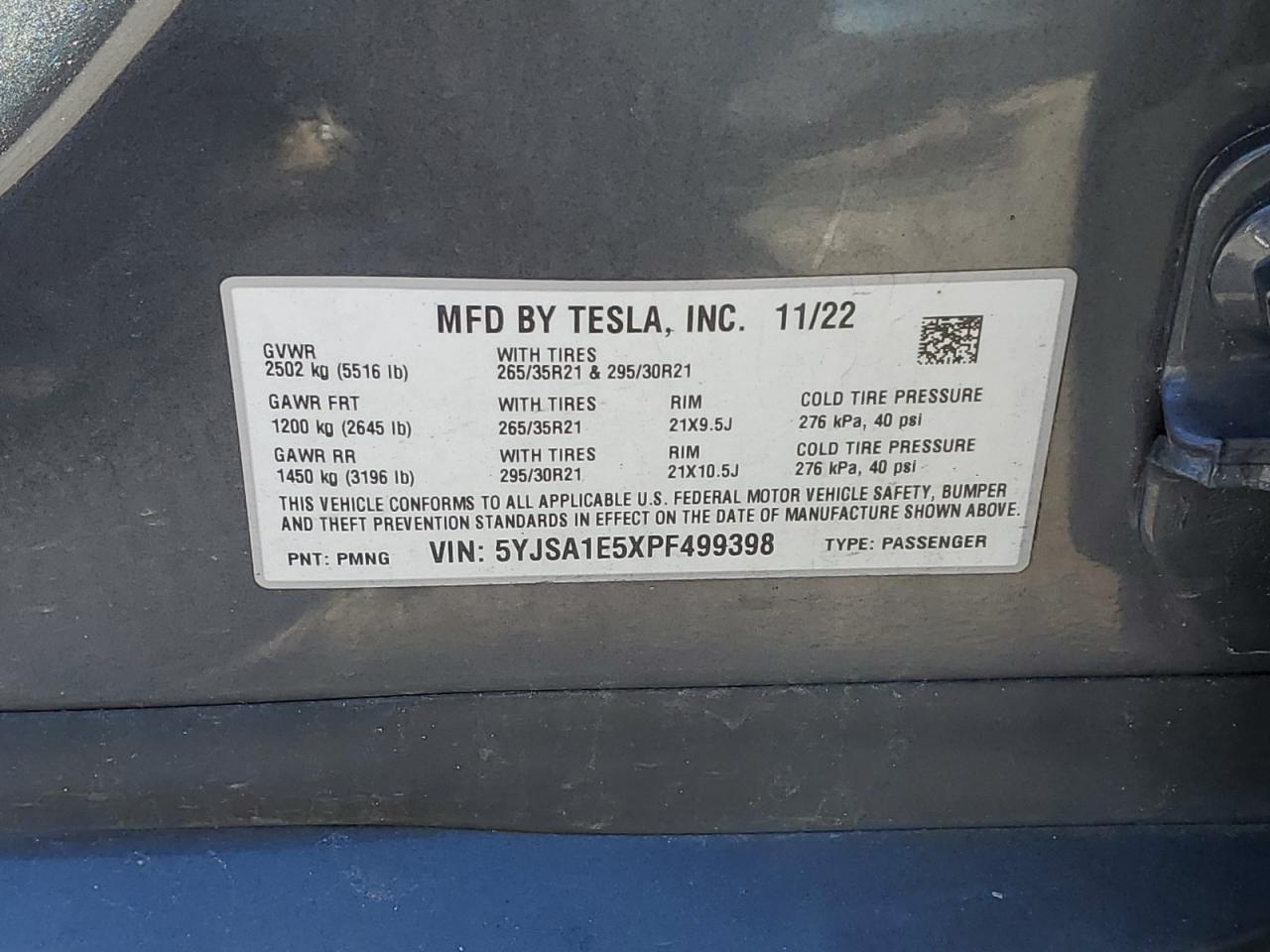 2023 TESLA MODEL S VIN:5YJSA1E5XPF499398