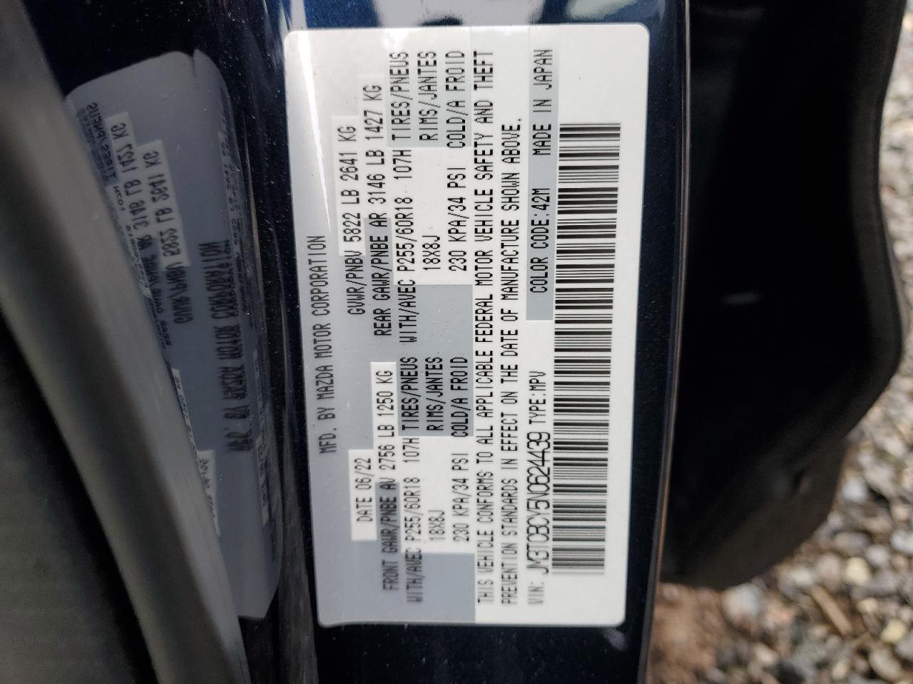 2022 MAZDA CX-9 TOURING VIN:JM3TCBCY5N0624439