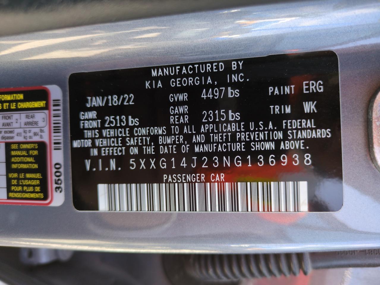 2022 KIA K5 LXS VIN:5XXG14J23NG136938