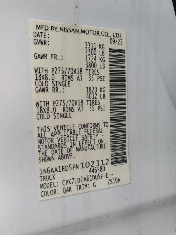 2023 NISSAN TITAN SV VIN:1N6AA1ED5PN102312