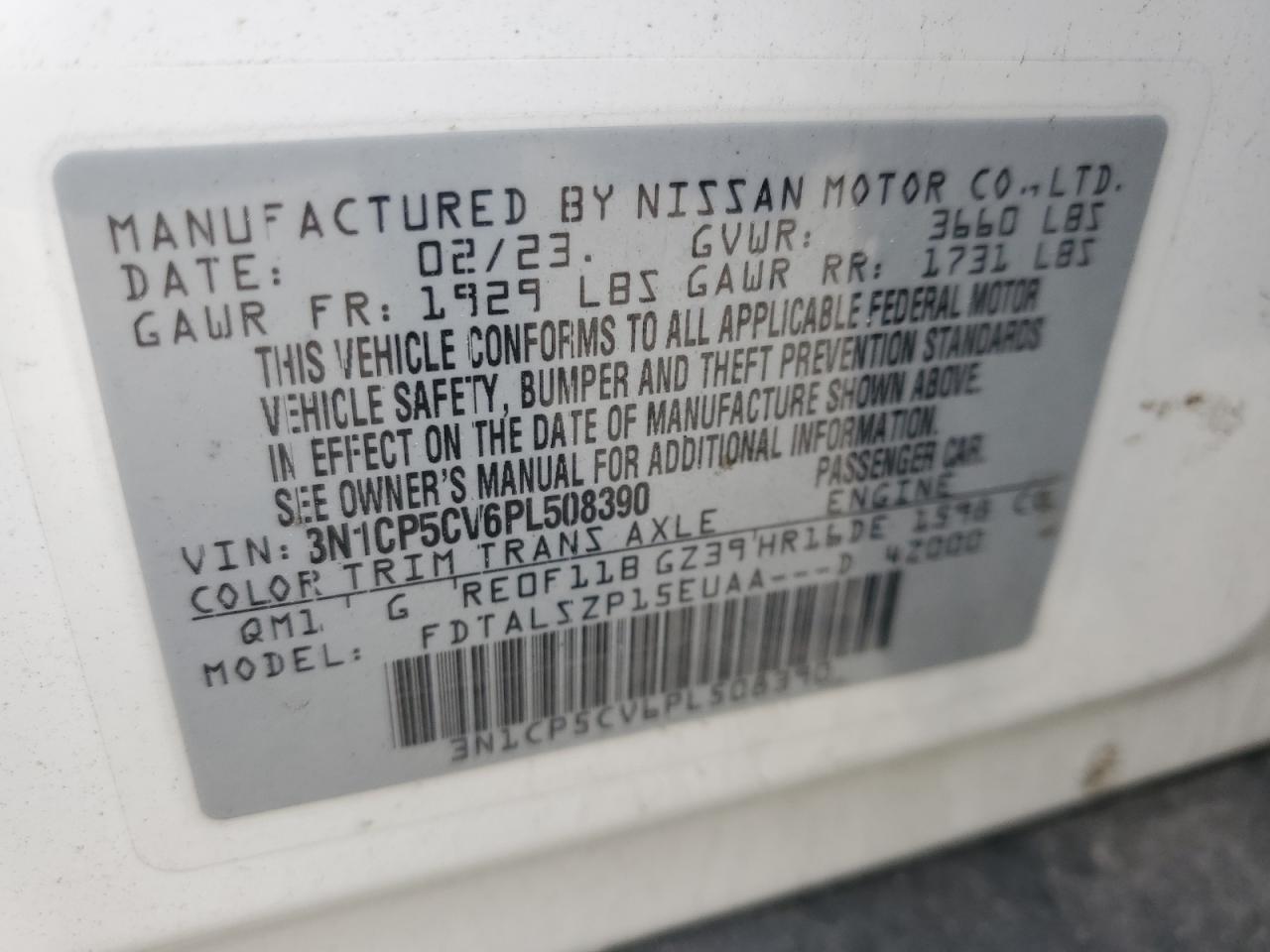 2023 NISSAN KICKS SV VIN:3N1CP5CV6PL508390
