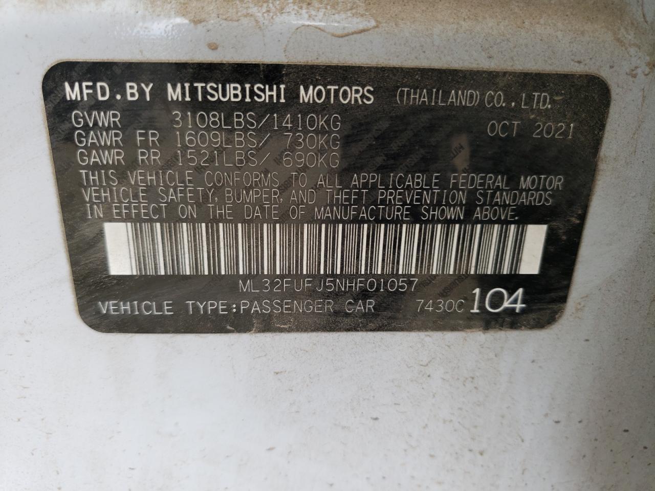 2022 MITSUBISHI MIRAGE G4 ES VIN:ML32FUFJ5NHF01057
