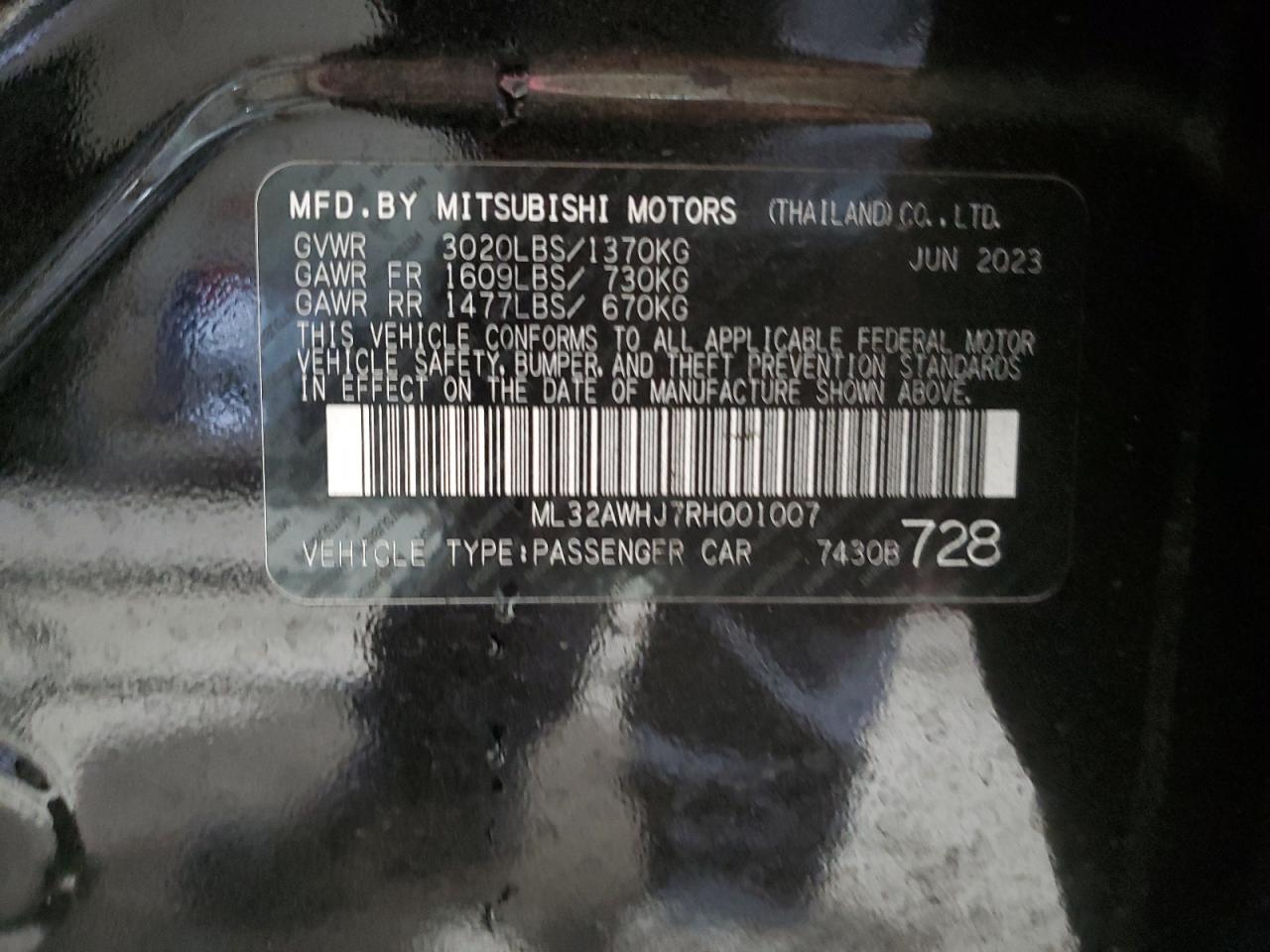 2024 MITSUBISHI MIRAGE SE VIN:ML32AWHJ7RH001007