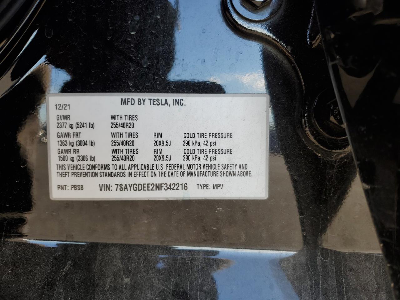2022 TESLA MODEL Y VIN:7SAYGDEE2NF342216
