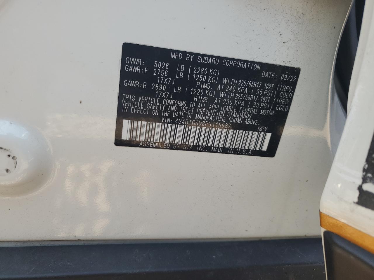 2023 SUBARU OUTBACK WILDERNESS VIN:4S4BTGSD8P3116687