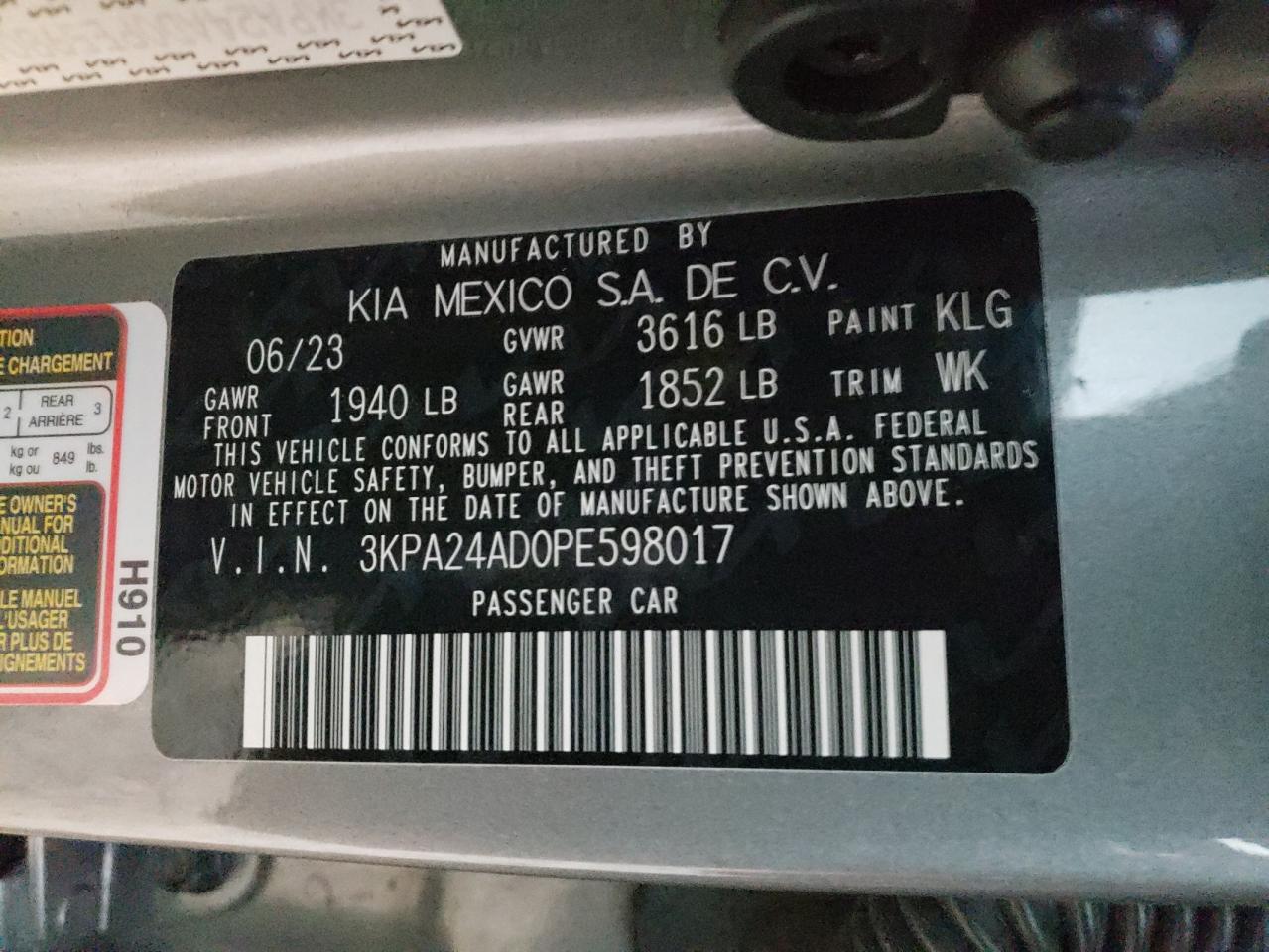 2023 KIA RIO LX VIN:3KPA24AD0PE598017