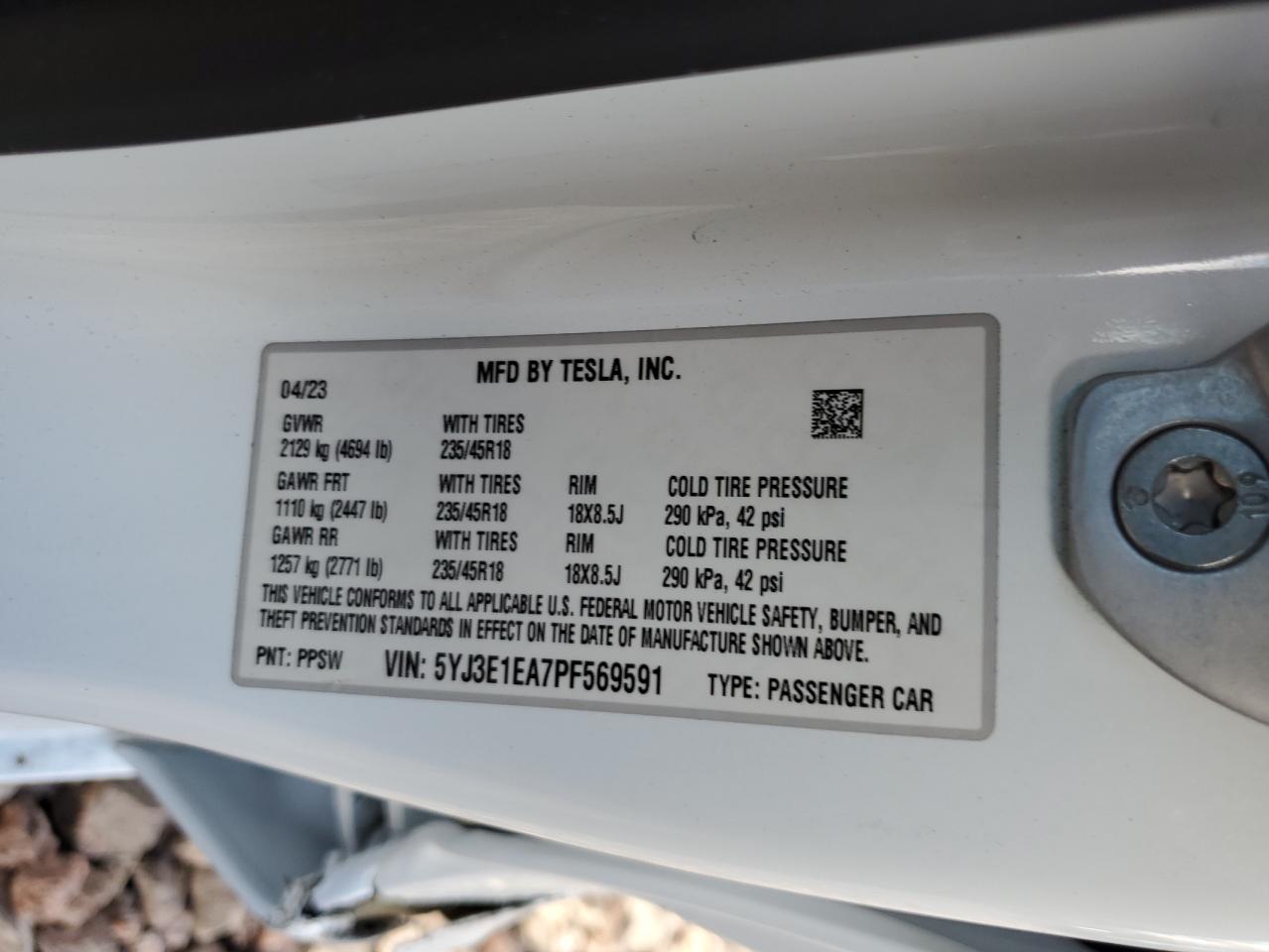 2023 TESLA MODEL 3 VIN:5YJ3E1EA7PF569591