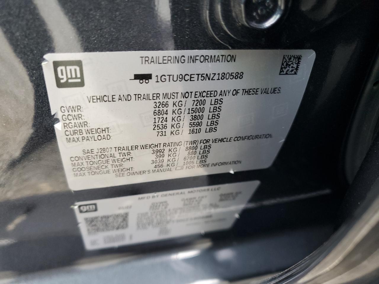 2022 GMC SIERRA LIMITED K1500 ELEVATION VIN:1GTU9CET5NZ180588