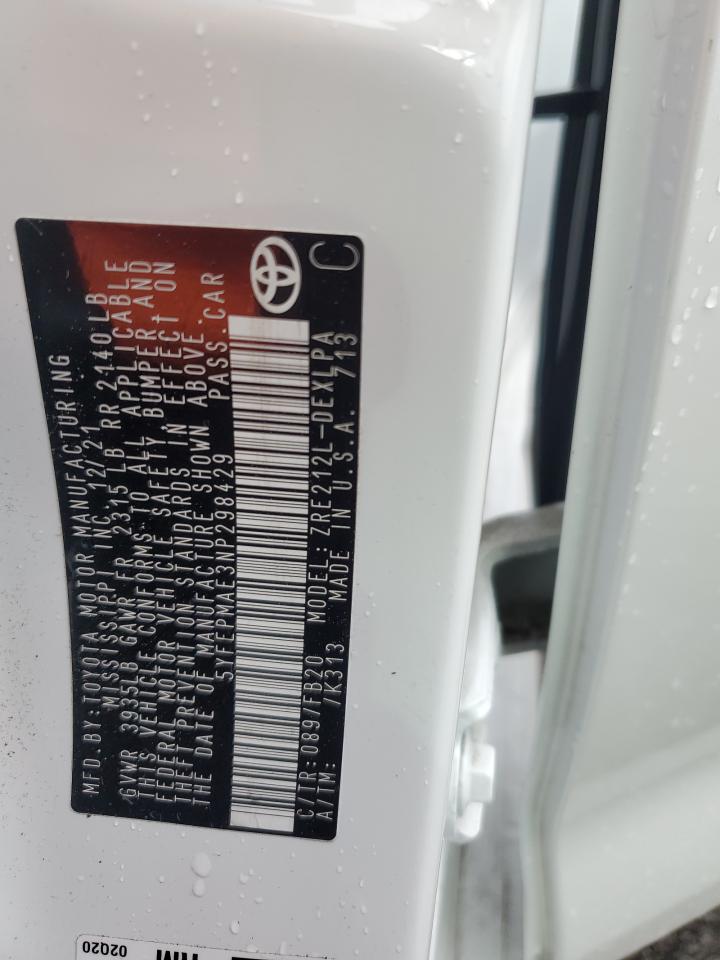 2022 TOYOTA COROLLA LE VIN:5YFEPMAE3NP298429