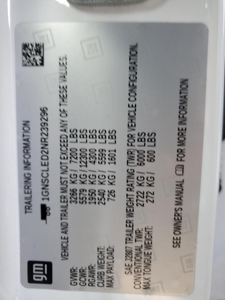 2022 CHEVROLET TAHOE C1500 VIN:1GNSCLED2NR239296