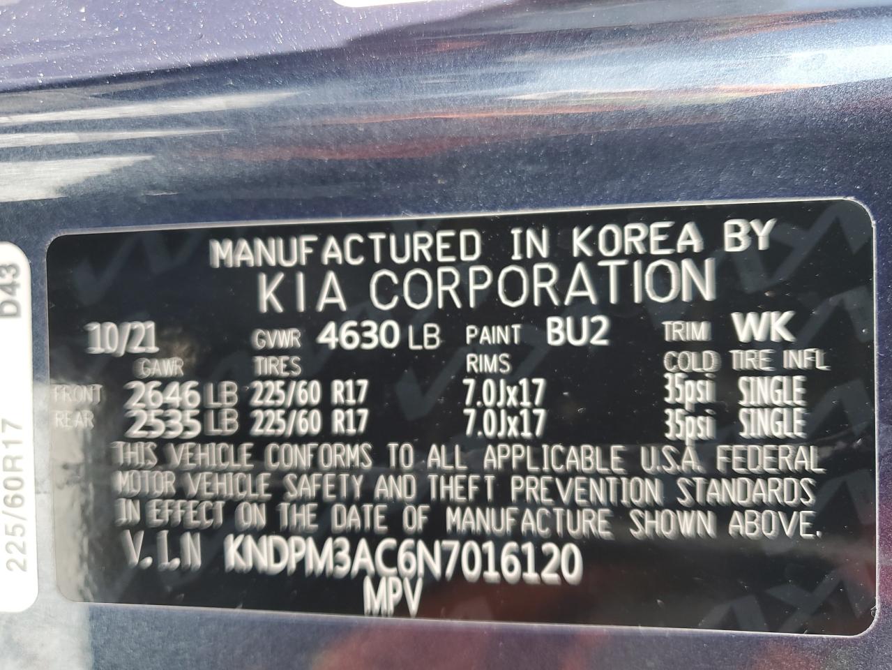 2022 KIA SPORTAGE LX VIN:KNDPM3AC6N7016120