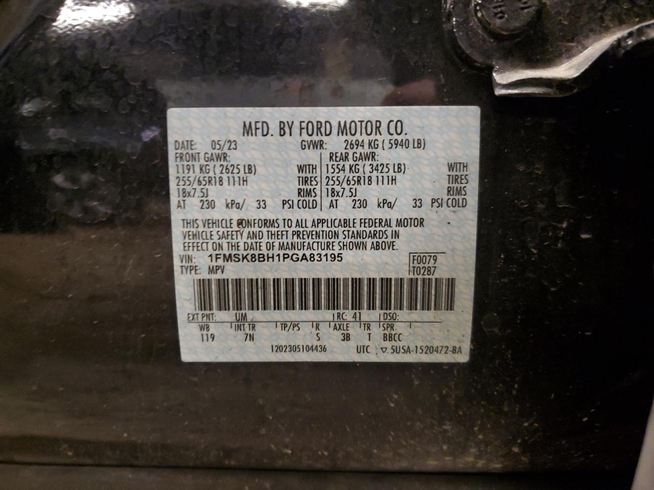 2023 FORD EXPLORER VIN:1FMSK8BH1PGA83195