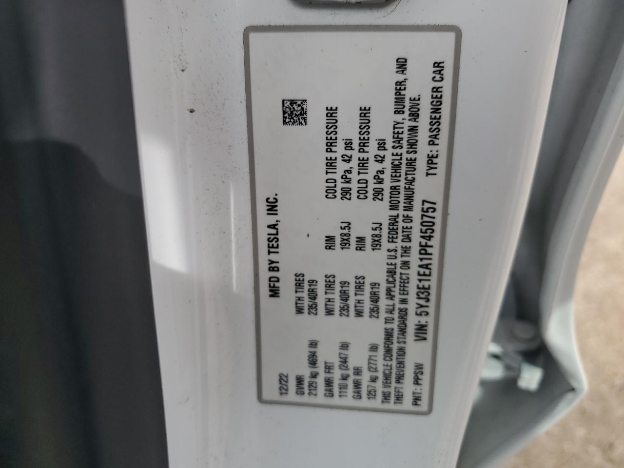 2023 TESLA MODEL 3 VIN:5YJ3E1EA1PF450757