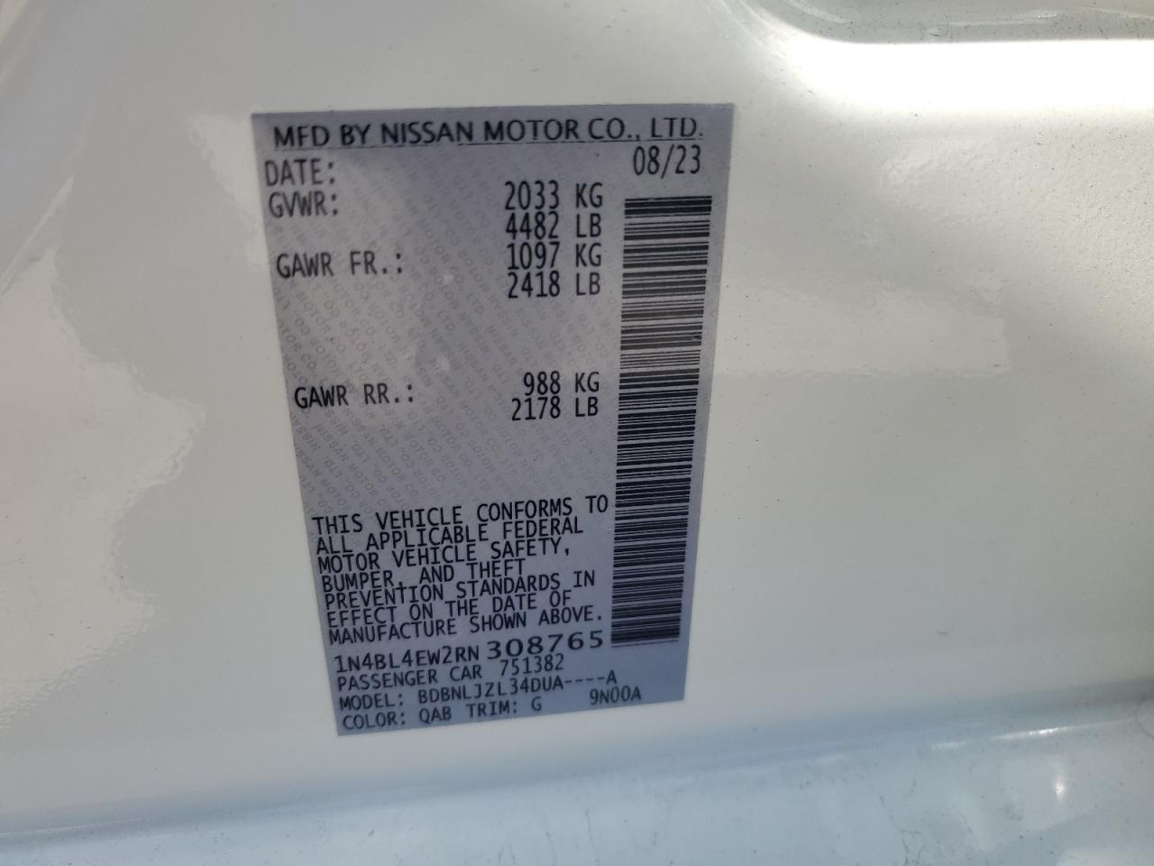 2024 NISSAN ALTIMA SL VIN:1N4BL4EW2RN308765