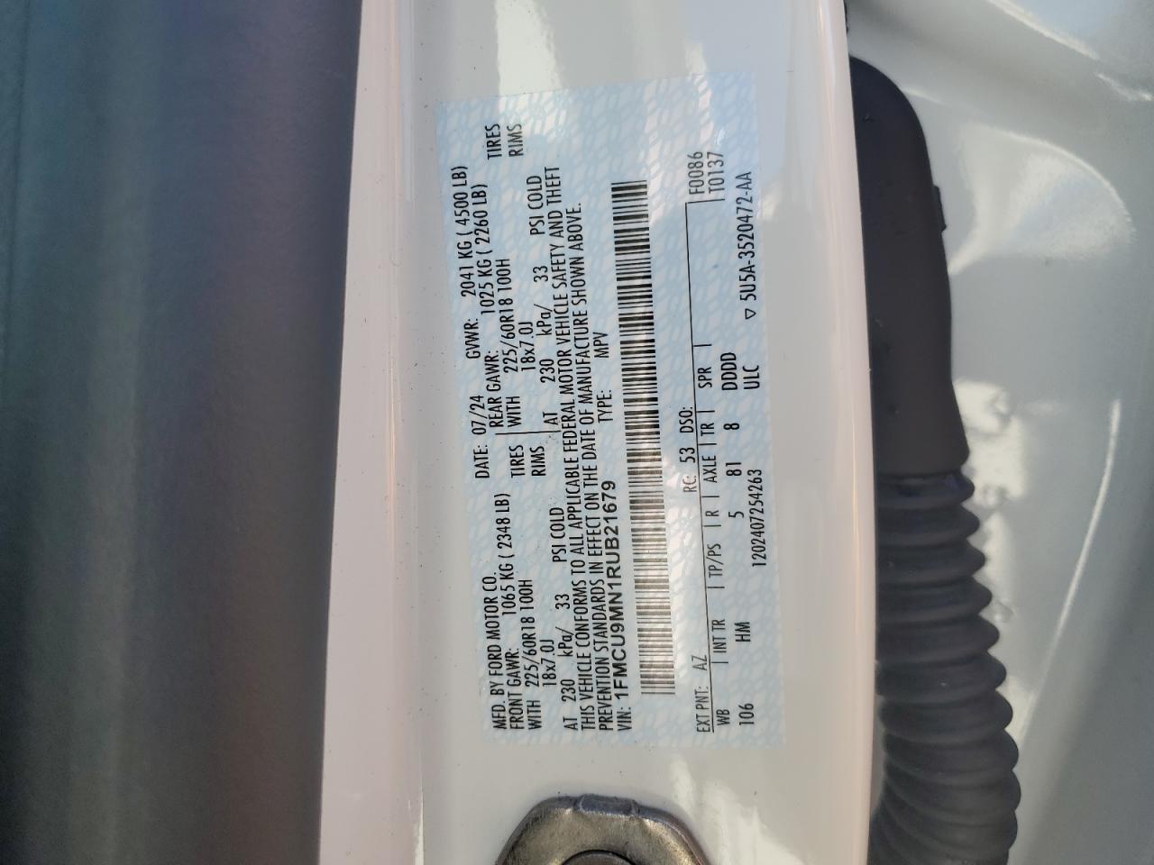 2024 FORD ESCAPE ST LINE VIN:1FMCU9MN1RUB21679