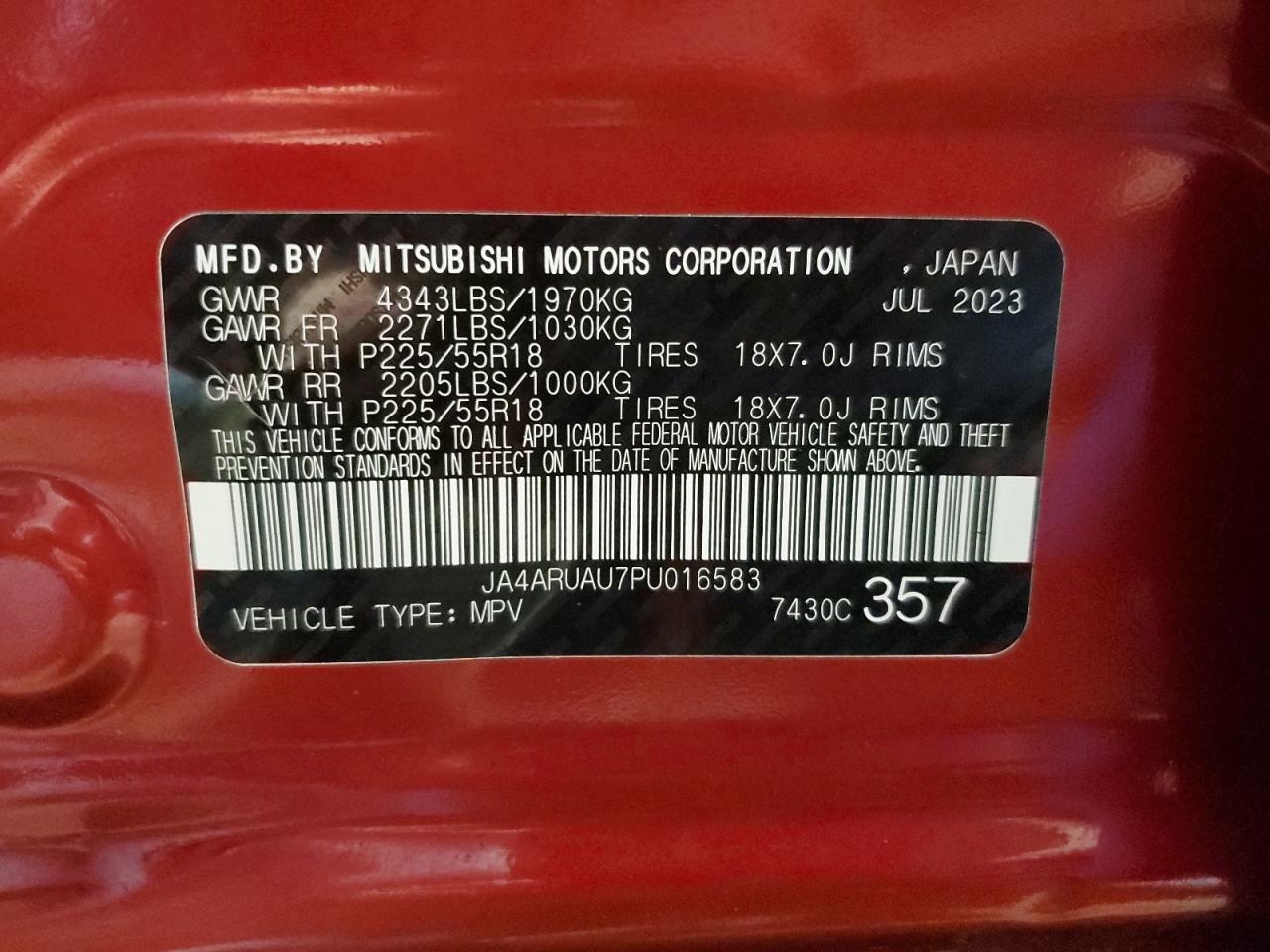 2023 MITSUBISHI OUTLANDER SPORT S/SE VIN:JA4ARUAU7PU016583