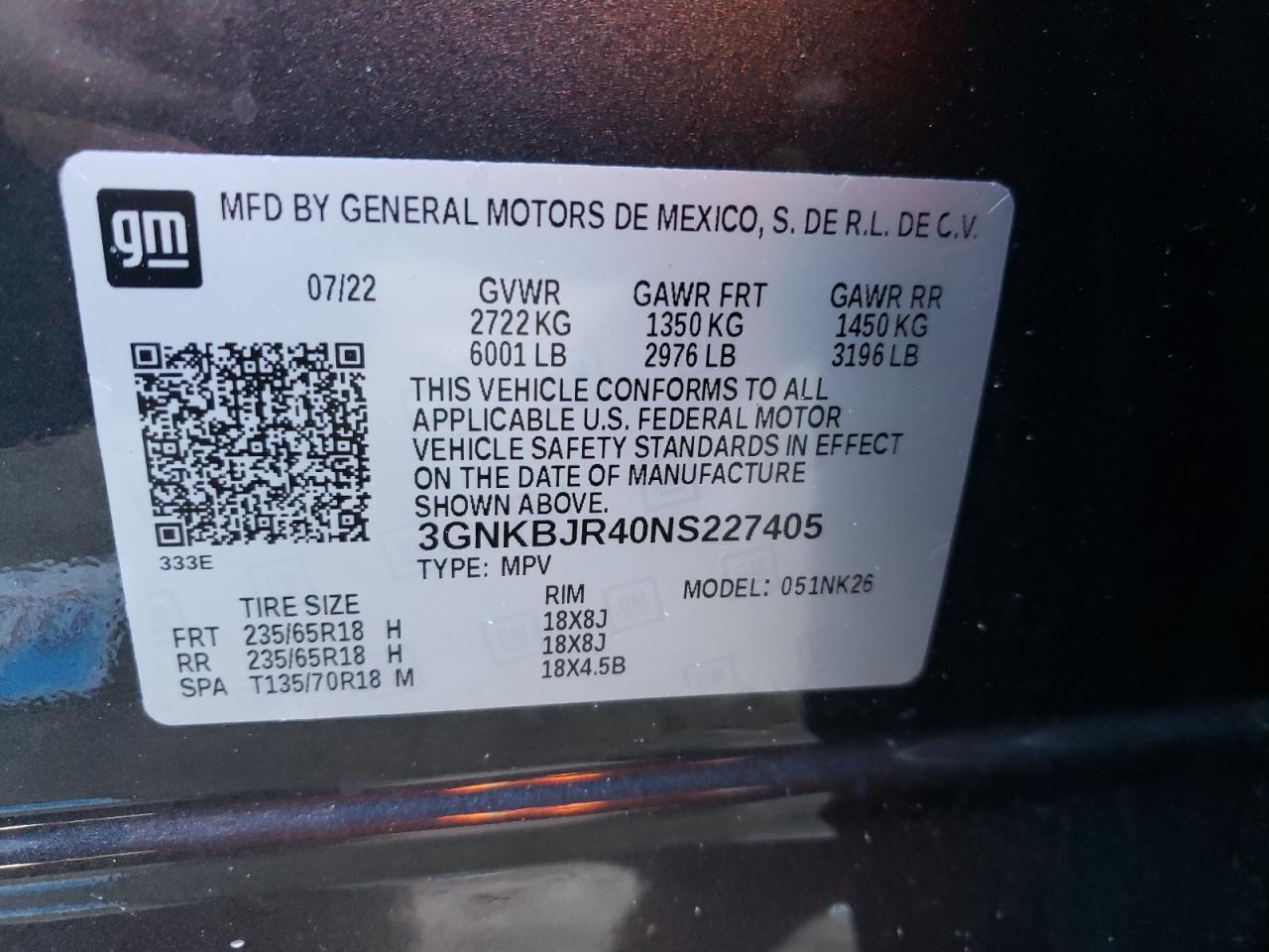 2022 CHEVROLET BLAZER 3LT VIN:3GNKBJR40NS227405