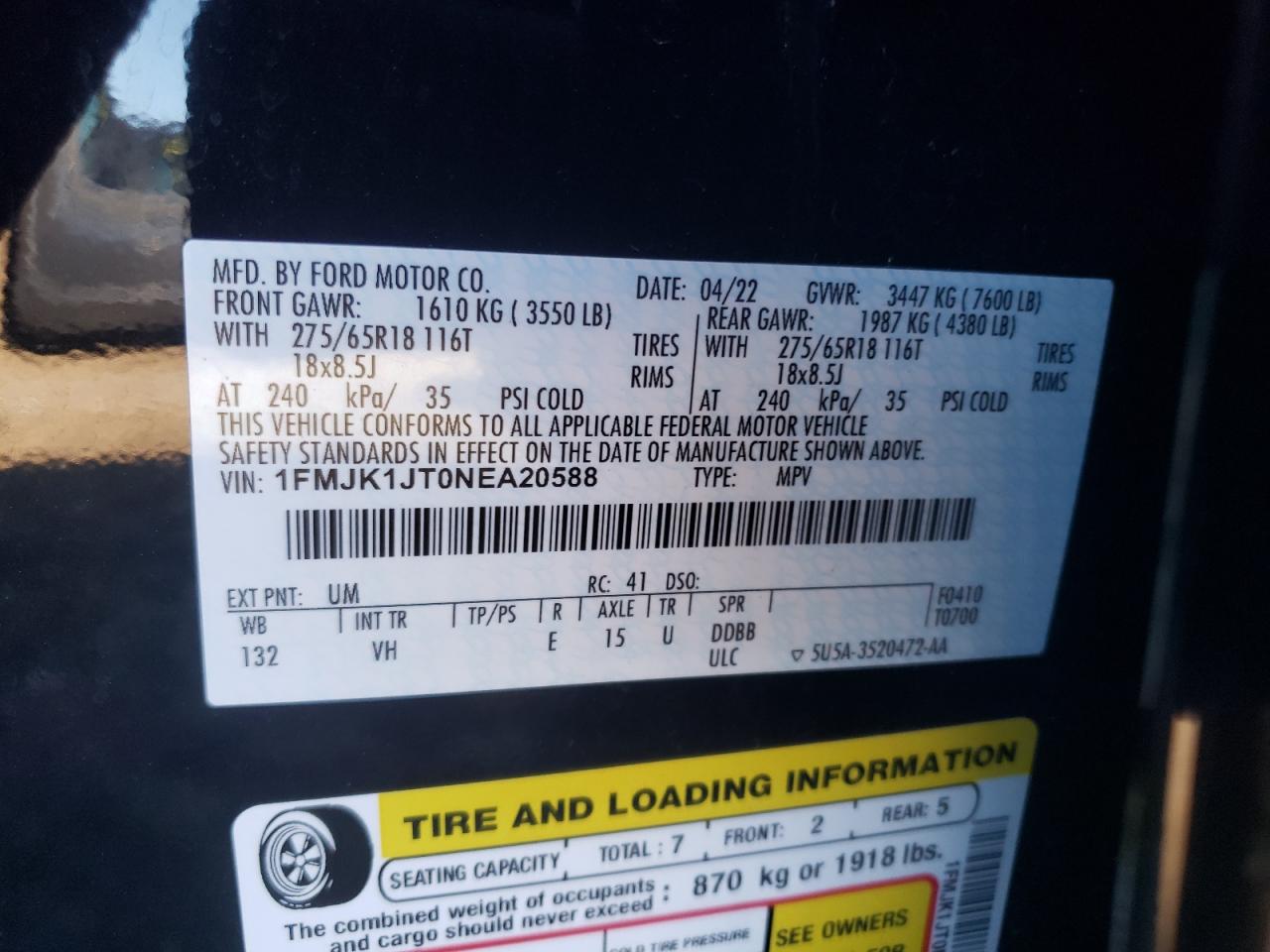 2022 FORD EXPEDITION MAX XLT VIN:1FMJK1JT0NEA20588