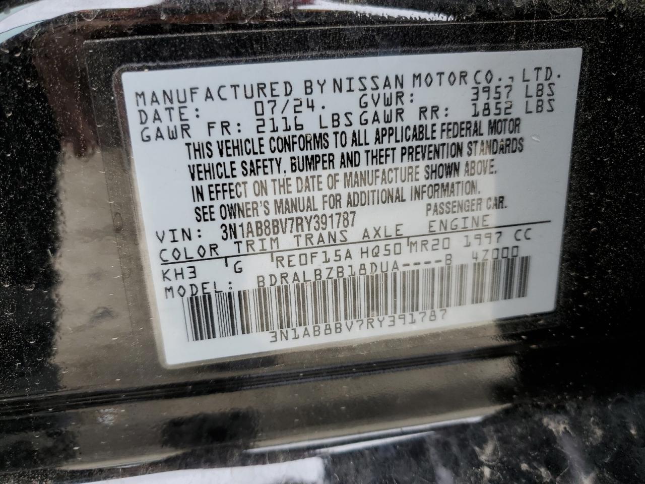 2024 NISSAN SENTRA S VIN:3N1AB8BV7RY391787