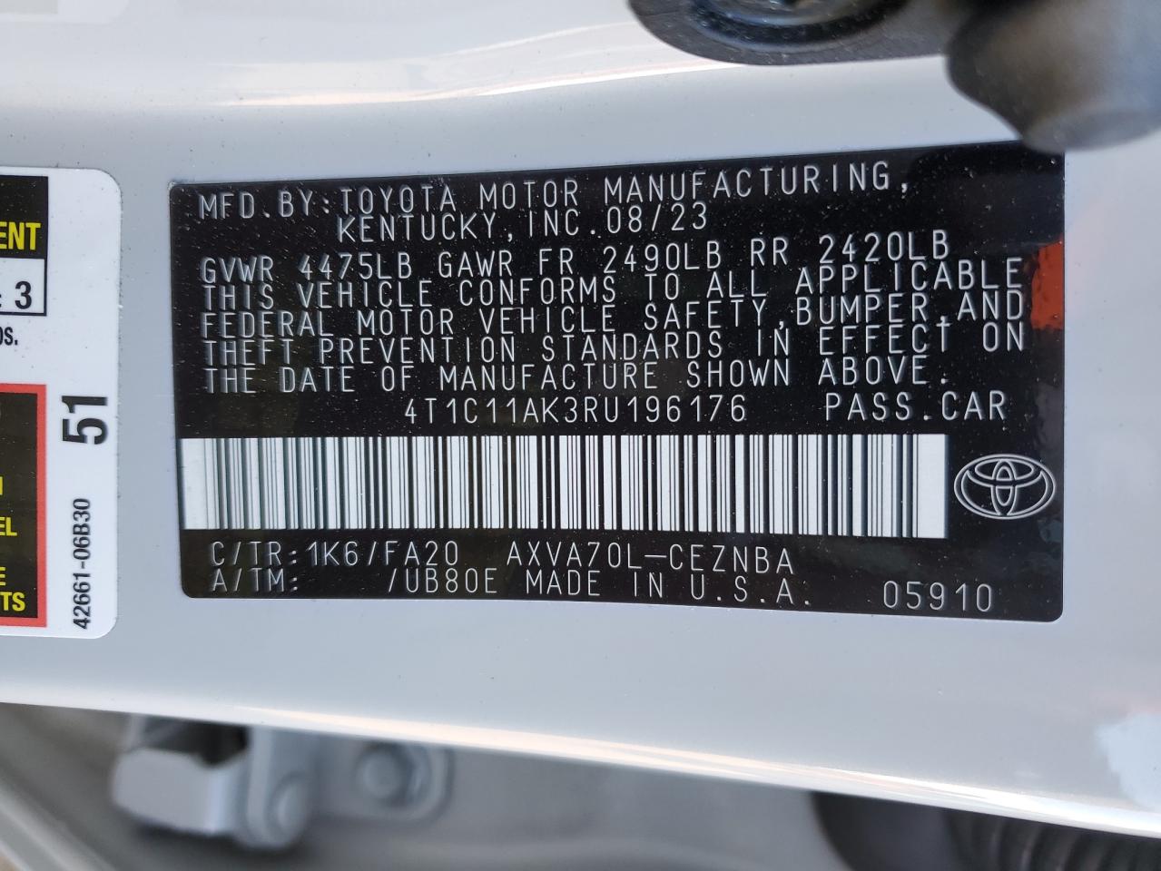 2024 TOYOTA CAMRY LE VIN:4T1C11AK3RU196176