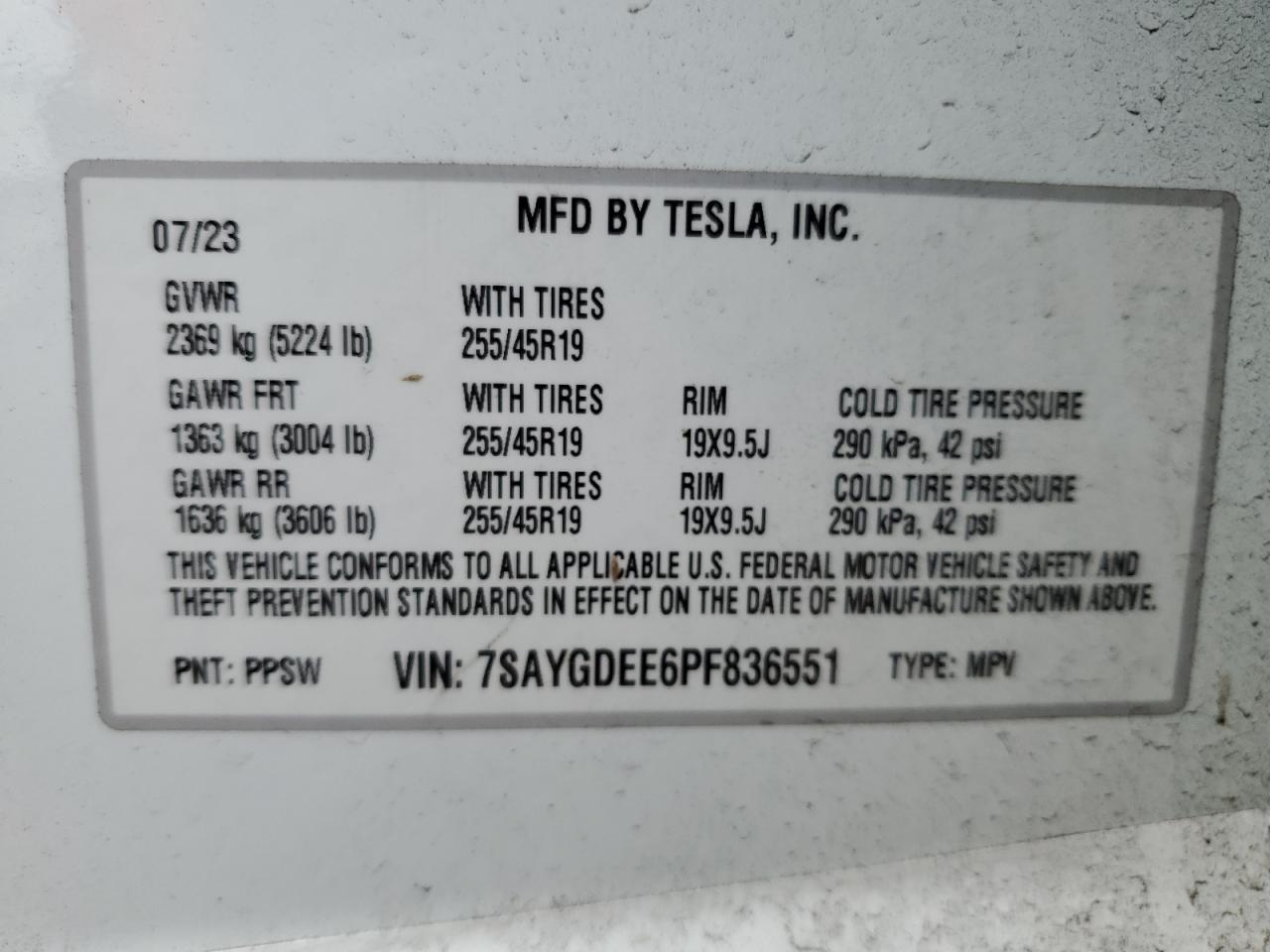 2023 TESLA MODEL Y VIN:7SAYGDEE6PF836551