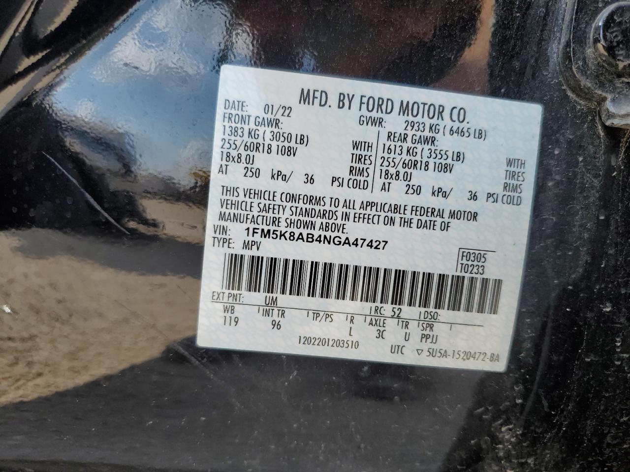 2022 FORD EXPLORER POLICE INTERCEPTOR VIN:1FM5K8AB4NGA47427