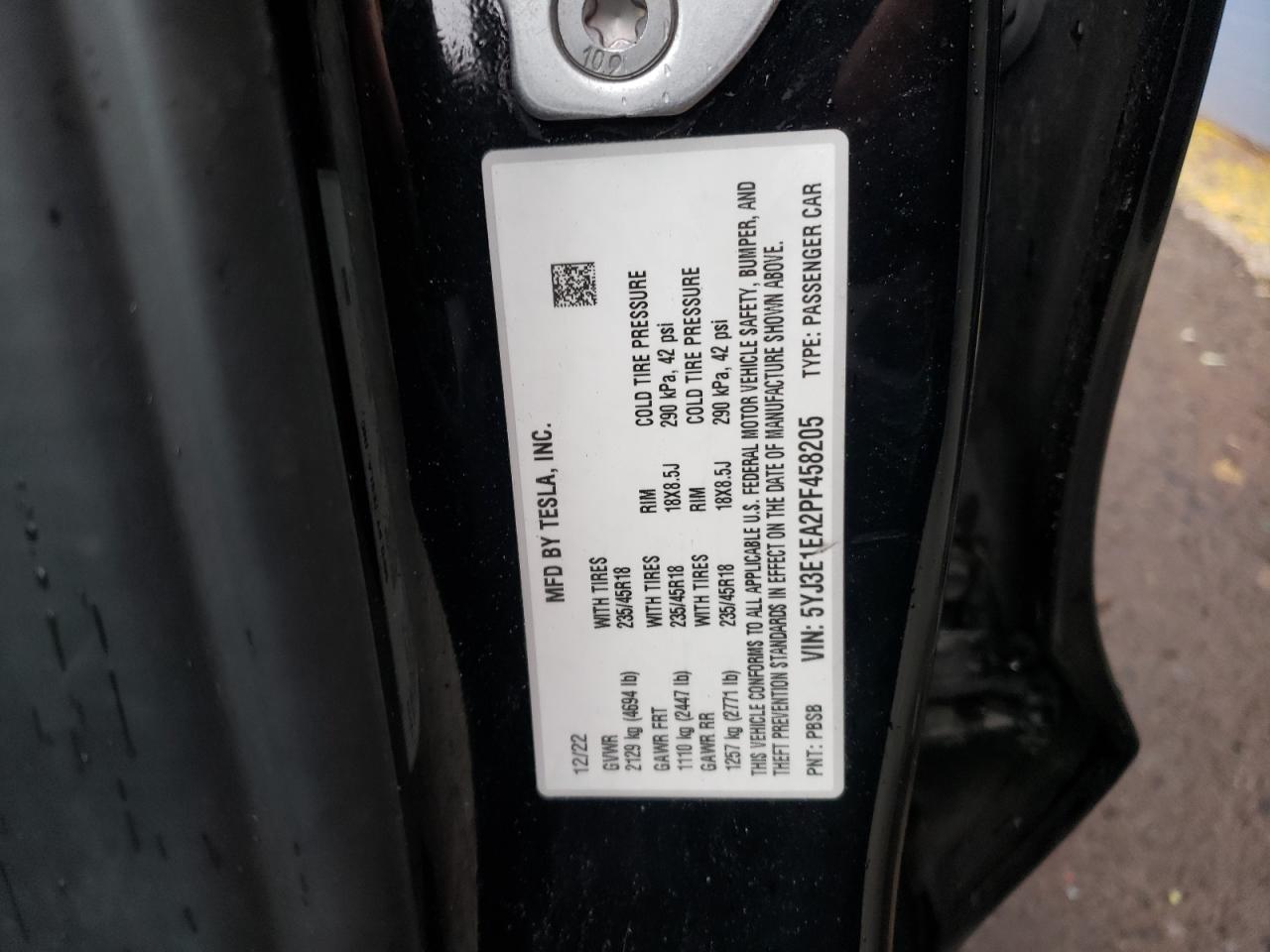 2023 TESLA MODEL 3 VIN:5YJ3E1EA2PF458205