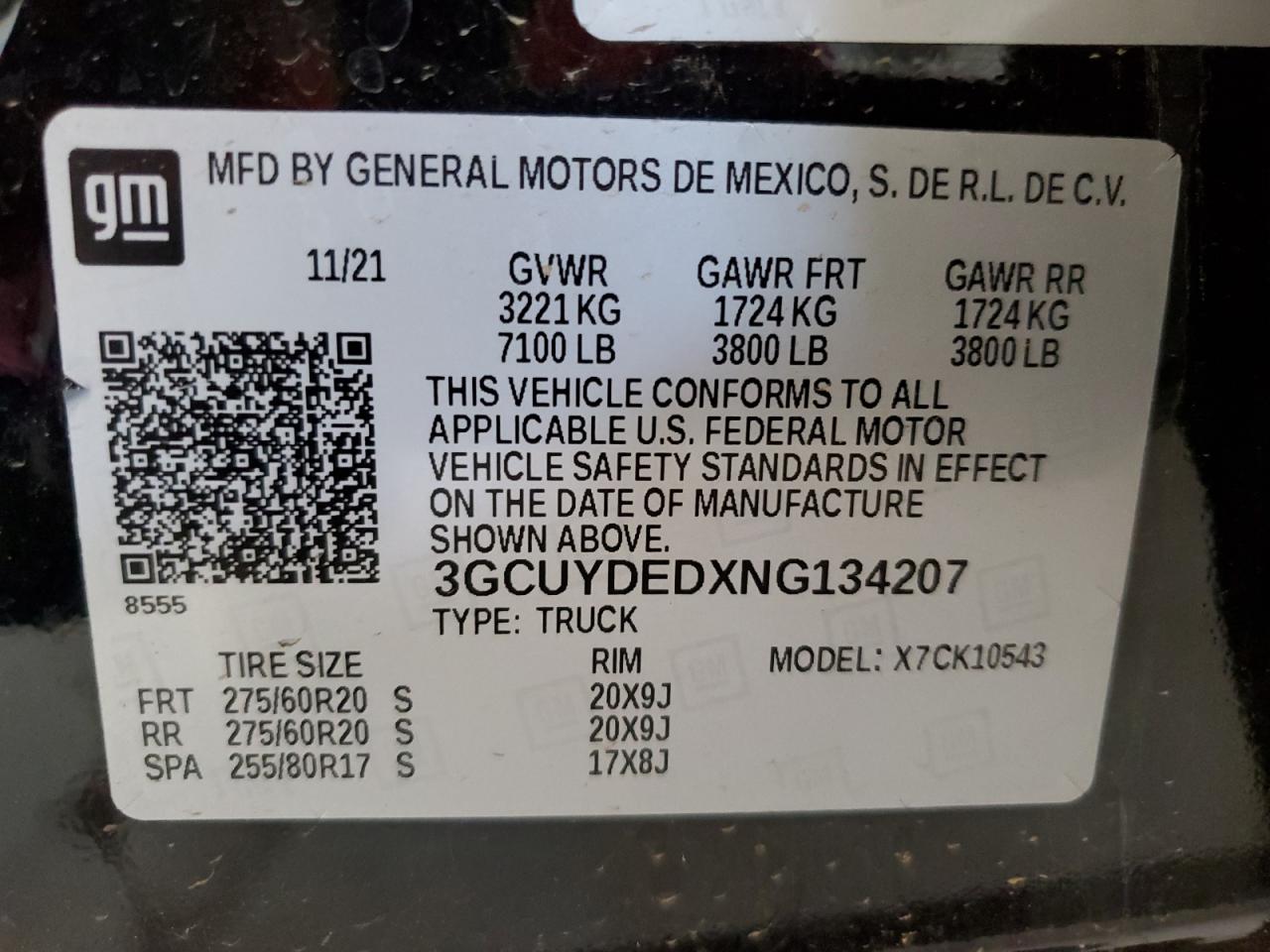 2022 CHEVROLET SILVERADO LTD K1500 LT VIN:3GCUYDEDXNG134207