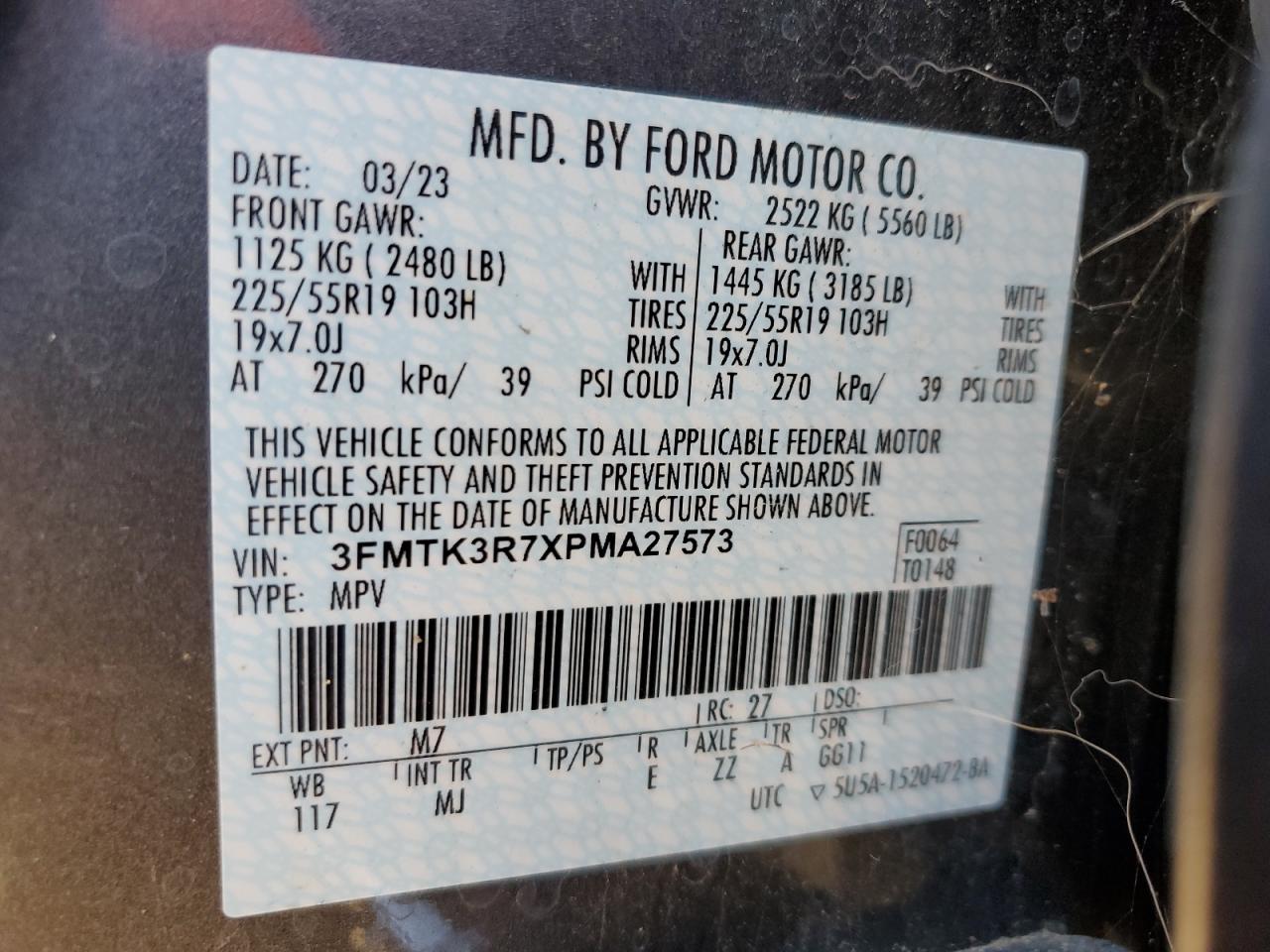 2023 FORD MUSTANG MACH-E PREMIUM VIN:3FMTK3R7XPMA27573