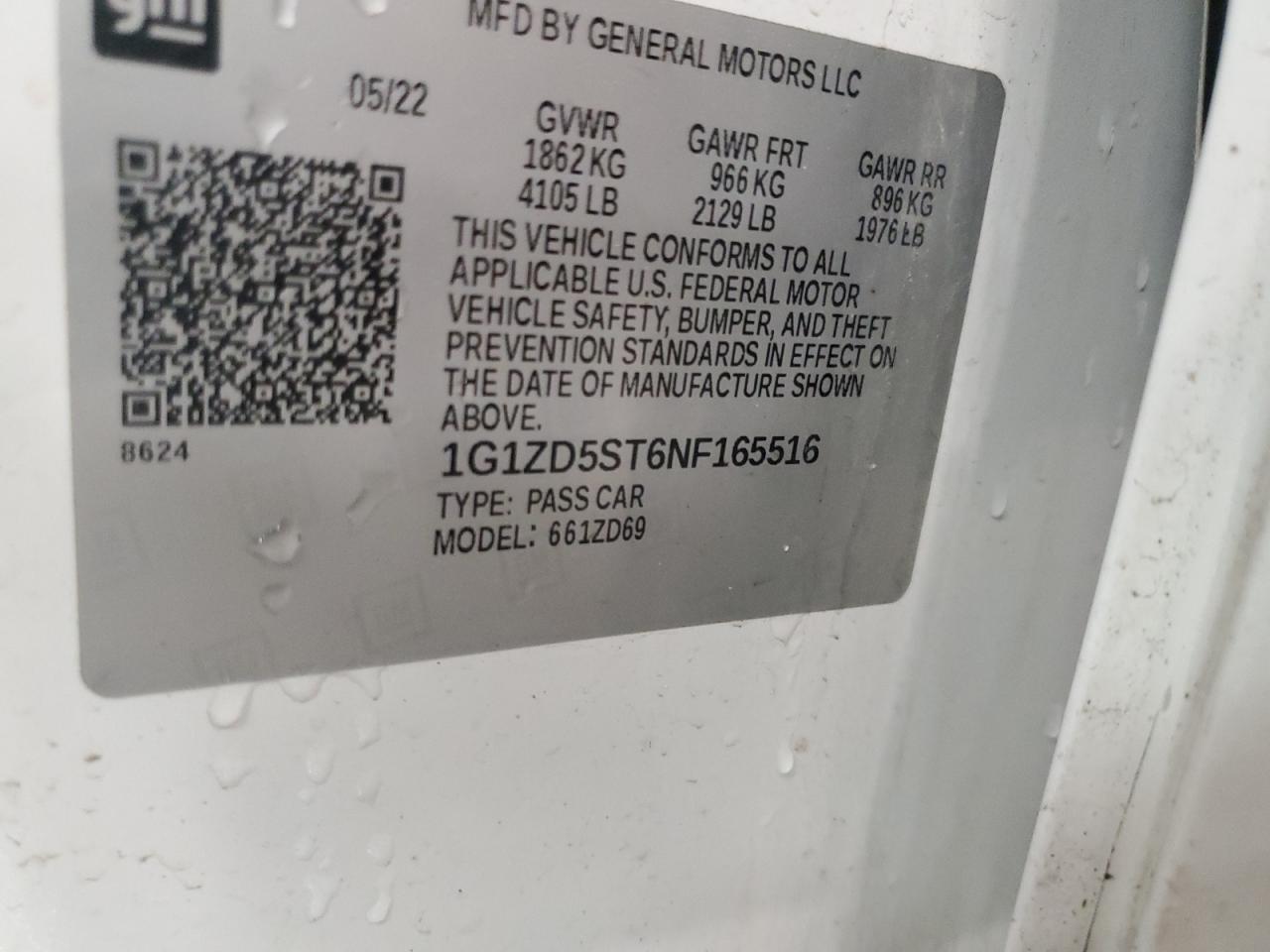 2022 CHEVROLET MALIBU LT VIN:1G1ZD5ST6NF165516