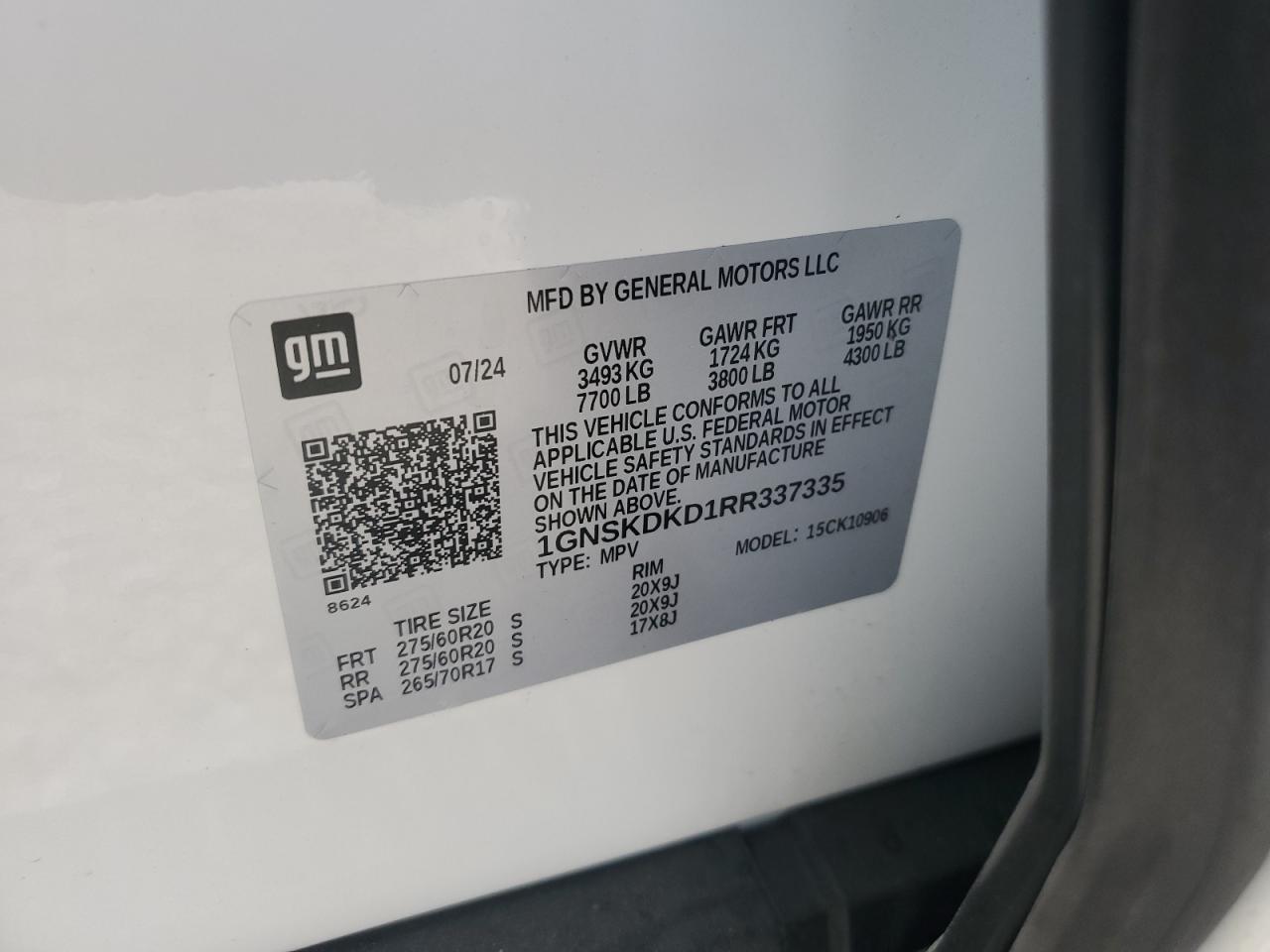 2024 CHEVROLET SUBURBAN K1500 Z71 VIN:1GNSKDKD1RR337335