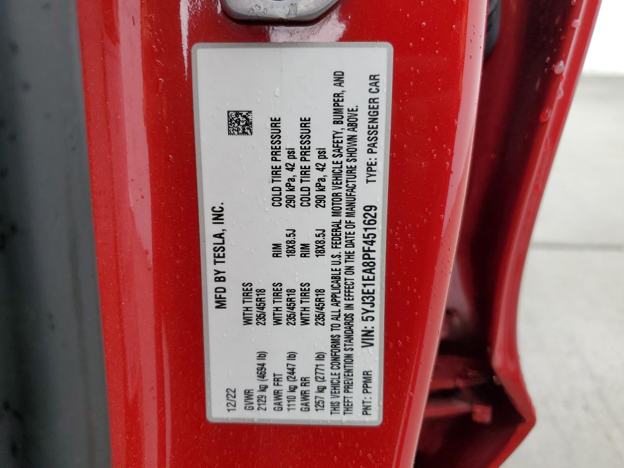 2023 TESLA MODEL 3 VIN:5YJ3E1EA8PF451629