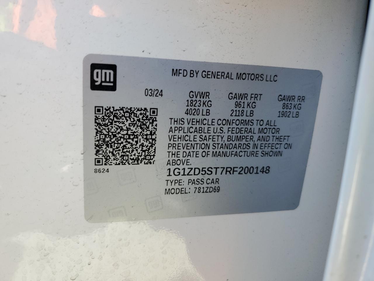 2024 CHEVROLET MALIBU LT VIN:1G1ZD5ST7RF200148