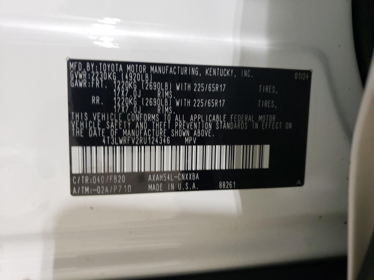 2024 TOYOTA RAV4 LE VIN:4T3LWRFV2RU124346