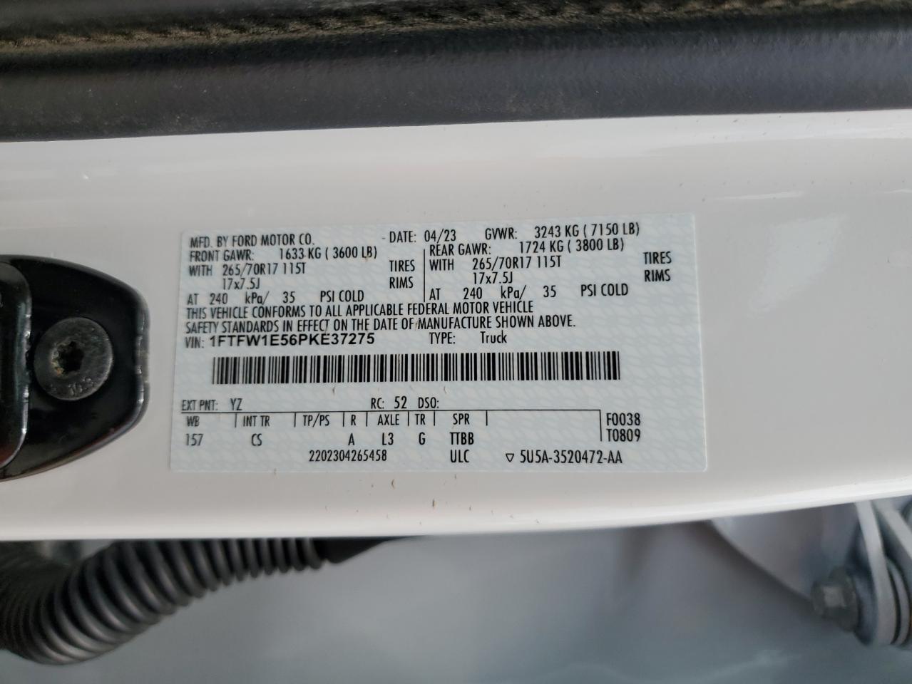 2023 FORD F150 SUPERCREW VIN:1FTFW1E56PKE37275