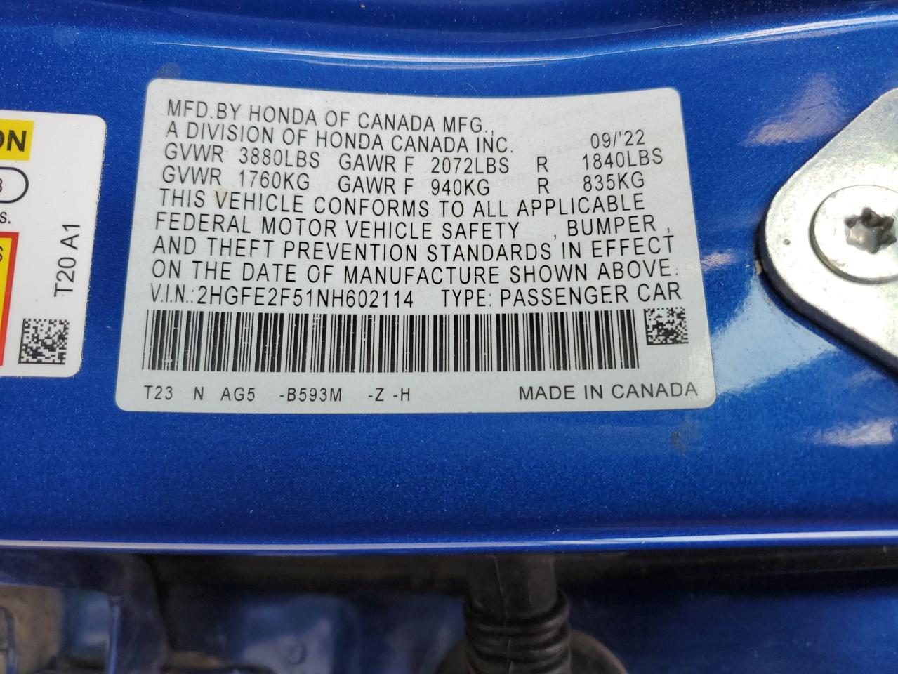 2022 HONDA CIVIC SPORT VIN:2HGFE2F51NH602114