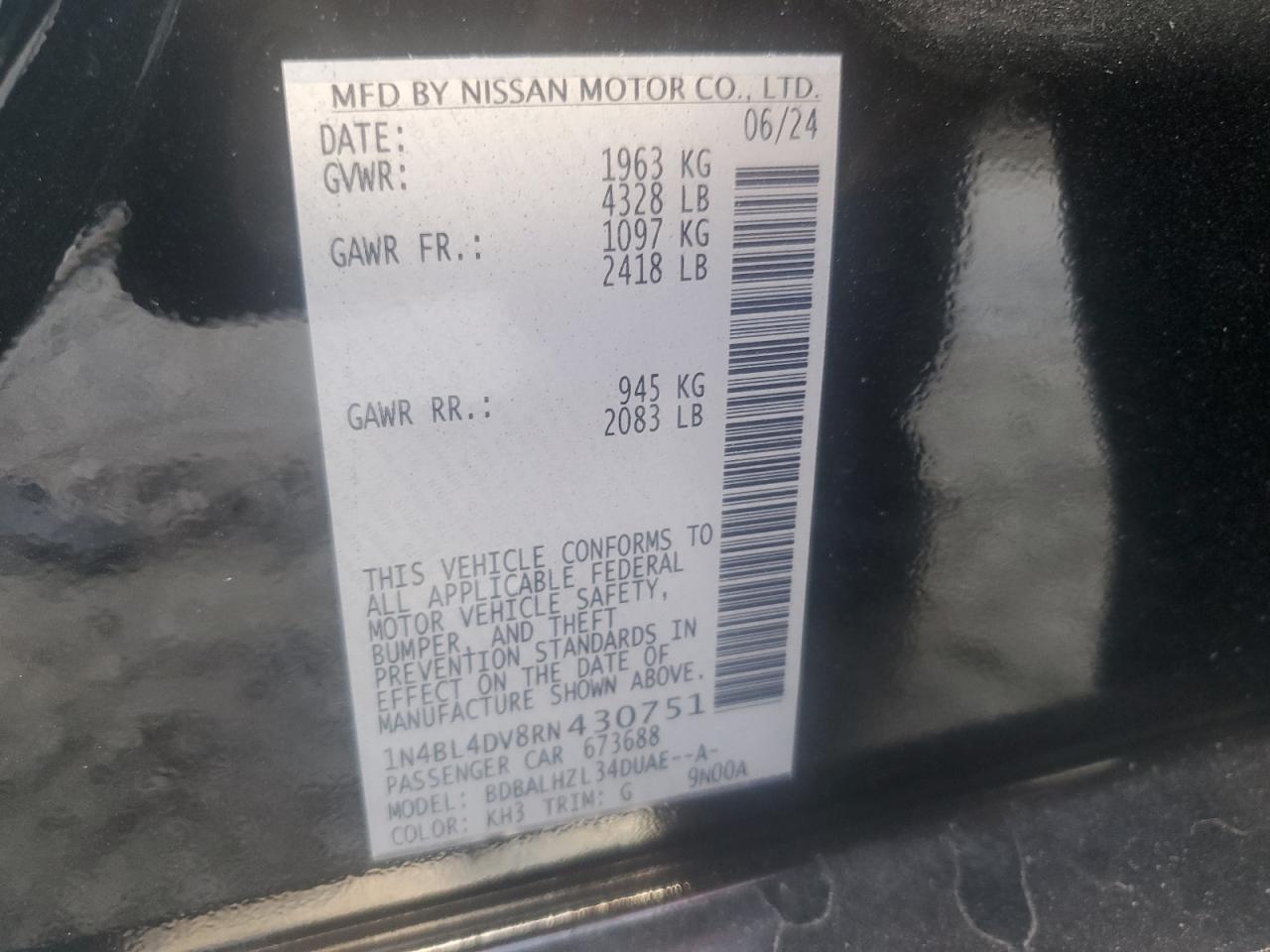 2024 NISSAN ALTIMA SV VIN:1N4BL4DV8RN430751