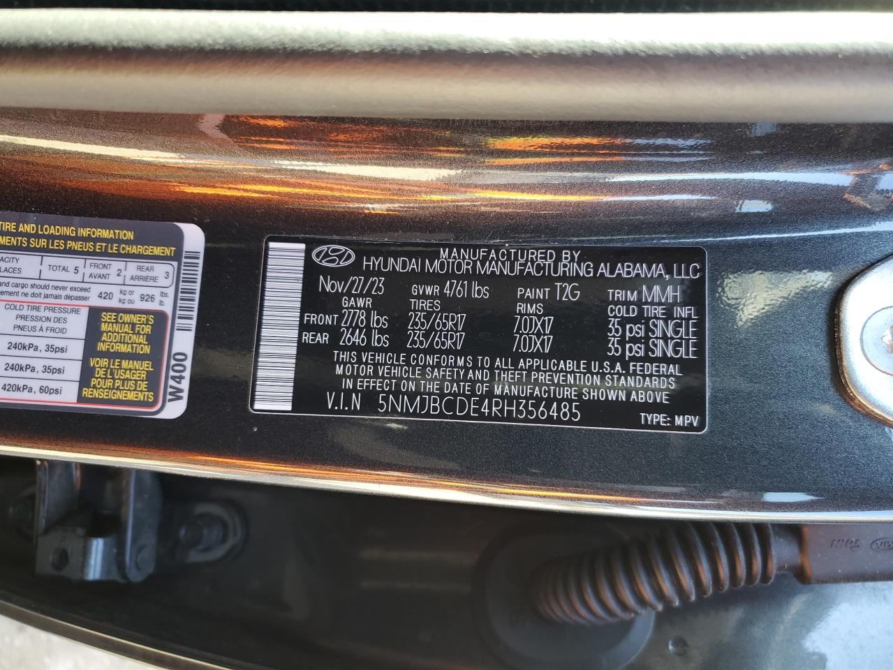 2024 HYUNDAI TUCSON SEL VIN:5NMJBCDE4RH356485