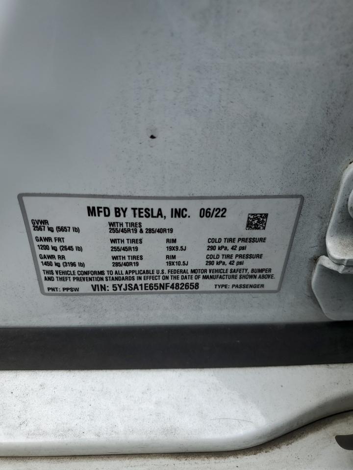 2022 TESLA MODEL S VIN:5YJSA1E65NF482658